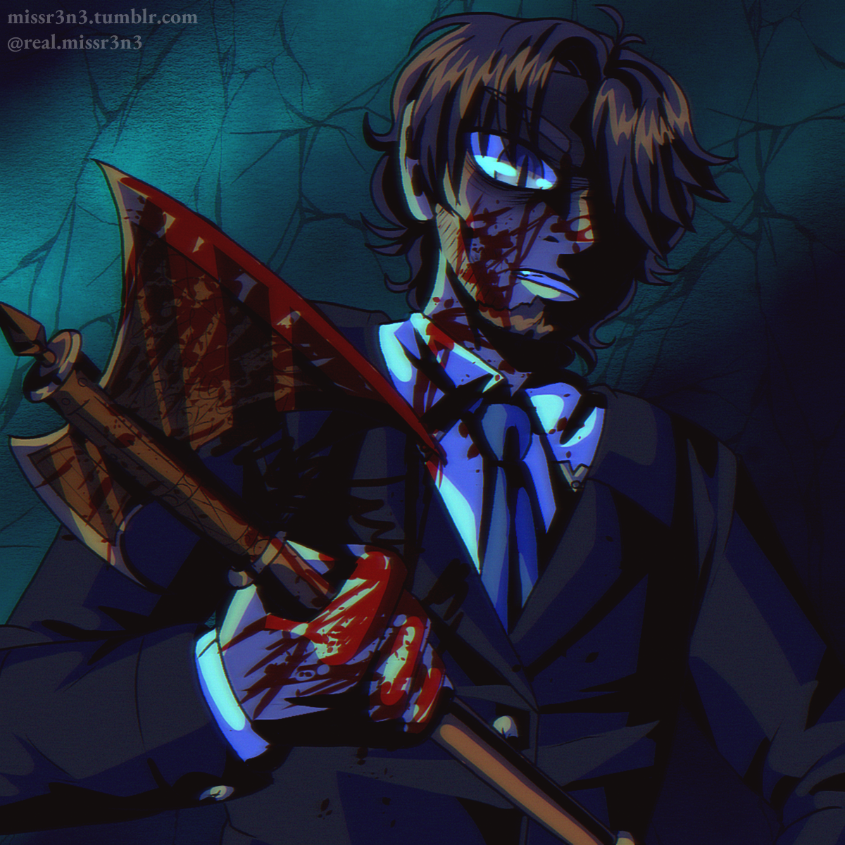 an 80s anime style portrait of norman holding a bloodied, ornate bronze axe